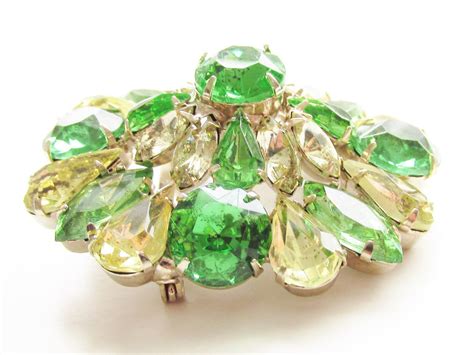 Large Vintage Emerald Green Yellow Rhinestone Dome Brooch Mid Etsy