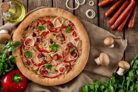 Pizza With Smoked Chicken Hunting Sausages Mushrooms Bell Peppers