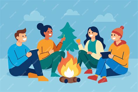 Premium Vector A Cartoon Of People Sitting Around A Campfire