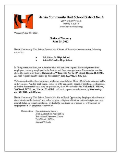 Notice Of Vacancy Herrin Community Unit School District No 4