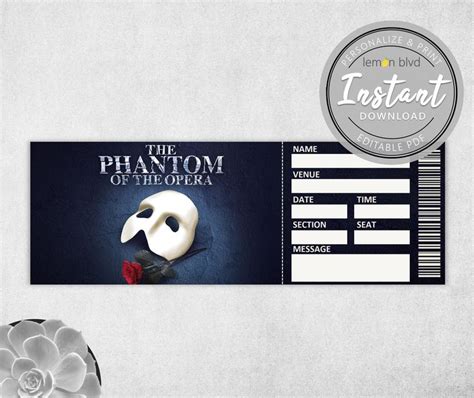 Phantom Of The Opera Ticket Printable Surprise Gift Reveal Etsy