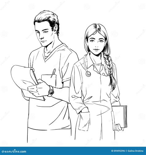 Sketch Illustration Of Young Doctors Man And Woman Stock Vector