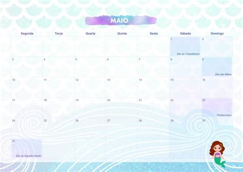 Calendario Mensal Sereia Maio Fazendo A Nossa Festa