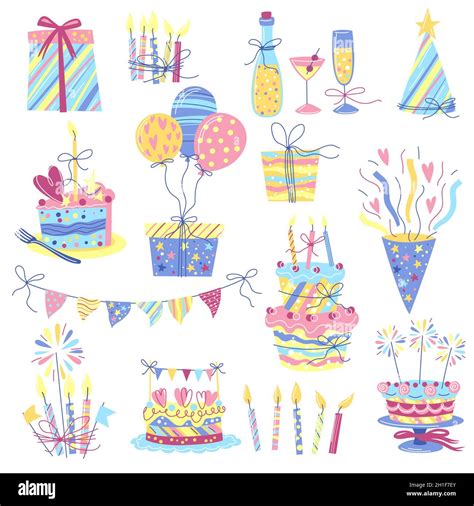 Happy Birthday Icon Set Celebration Or Holiday Items Stock Vector