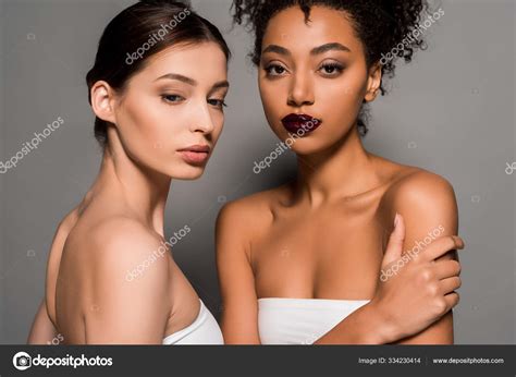 Portrait Beautiful Multicultural Women Perfect Skin Grey Stock Photo By