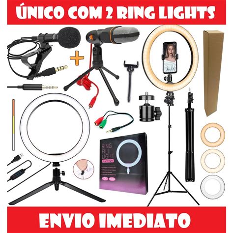 Kit Youtuber Microfone Condensador De Mesa Profissional Luz Led