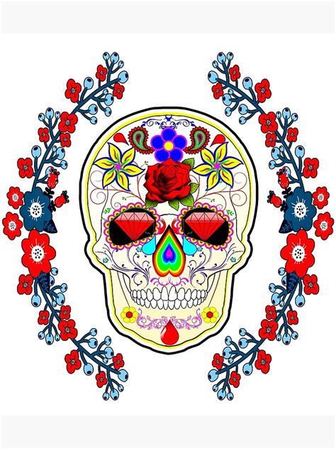 Póster Calavera hermosa y aterradora con flores y diamantes de