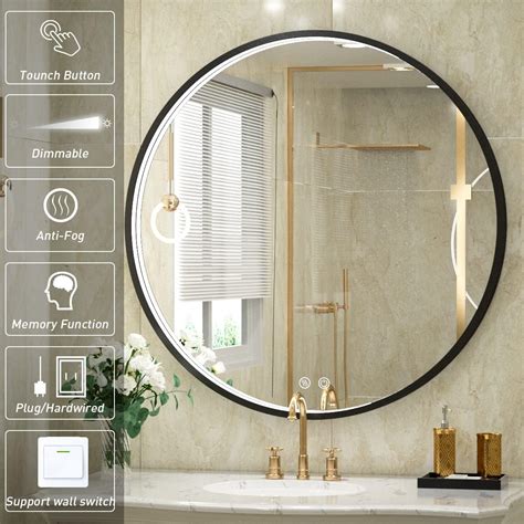 FTOTI 24 Inch LED Round Mirror Bathroom Vanity Mirror Black Metal