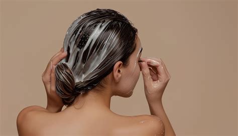 Premium Photo Young Woman Applying Hair Mask On Beige Background Back