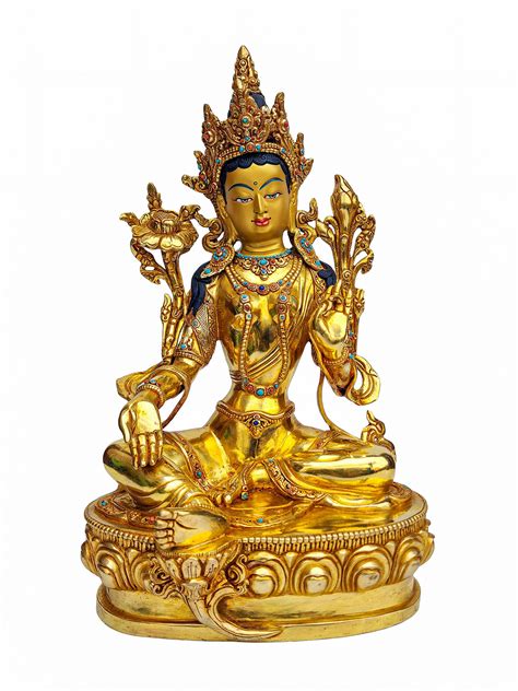 Green Tara Statue Buddhist Handmade Statue Face Painted Gold Plated