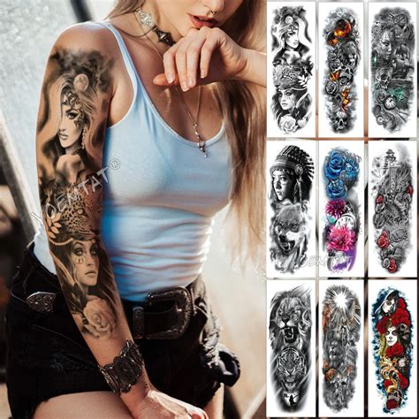 Large Arm Sleeve Tattoo Midnight Leopard Beauty Girl Waterproof Temporary Tattoo Sticker