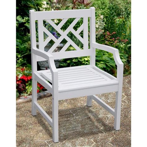 Vifah Bradley Acacia Patterned Back White Patio Armchair Wood Arm Chair Dining Arm Chair Patio