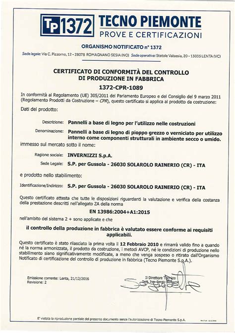 Invernizzi Spa A Plywood Tradition TECHNICAL CERTIFICATIONS