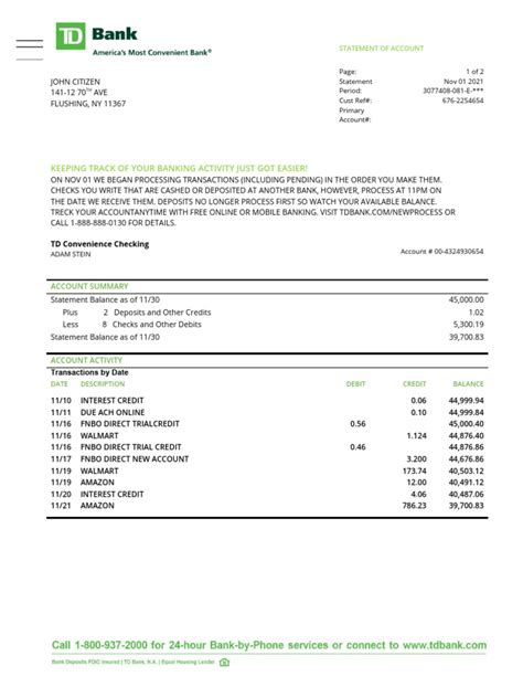 Usa Td Bank Statement Download Free Pdf Banks Deposit Account