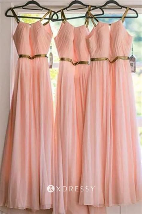 Gold Straps Peach Pink Chiffon Bridesmaid Dresses Xdressy