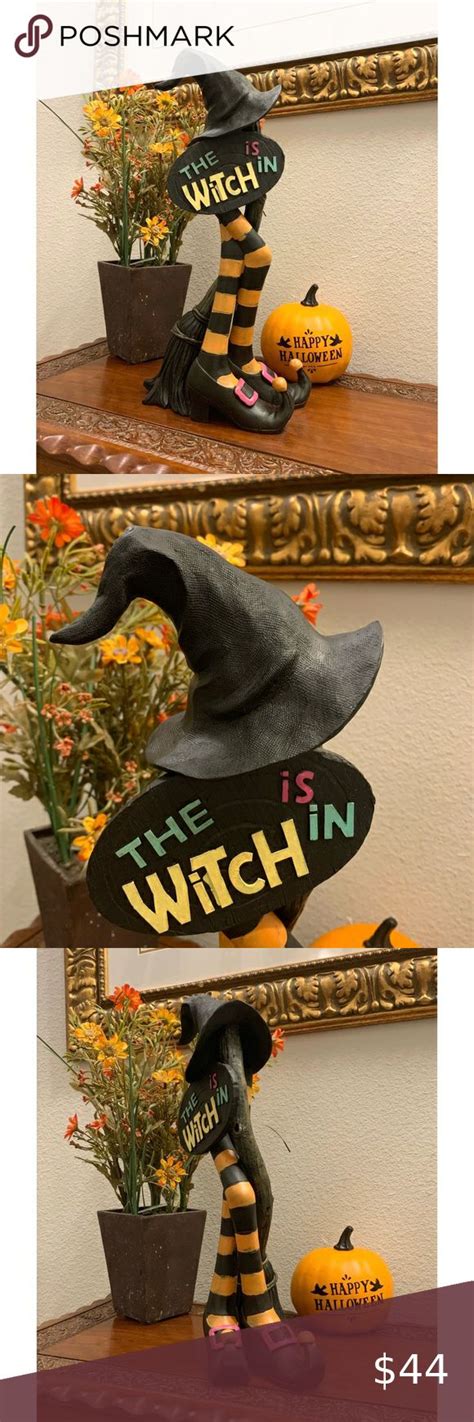 Halloween Tabletop Decor The Witch Is In Witch Legs Broom Hat Shoes