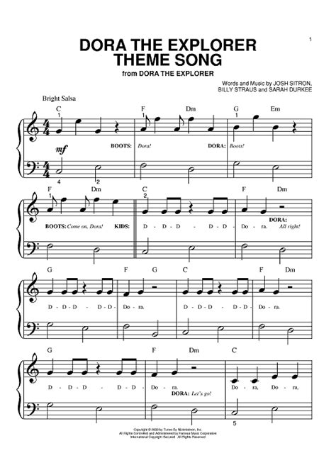 Dora The Explorer Theme Song" Sheet Music by Josh Sitron for Big Note ...