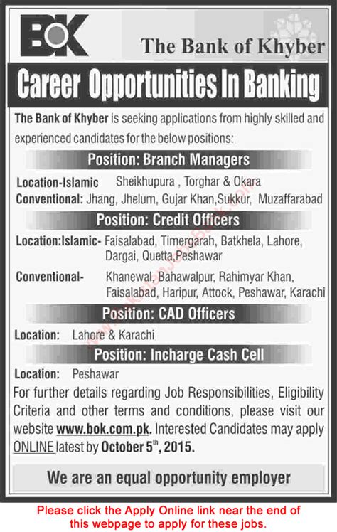 Bank Of Khyber Jobs 2015 September Online Apply Managers Credit CAD