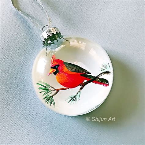 Christmas Bird Ornamentred Cardinal Flat Hand Painted Glass Ornament