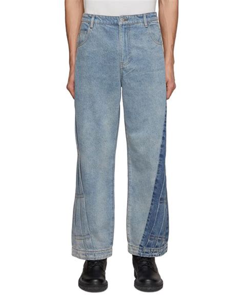 Feng Chen Wang Pleated Side Detail Tonal Block Wide Leg Denim Jeans In