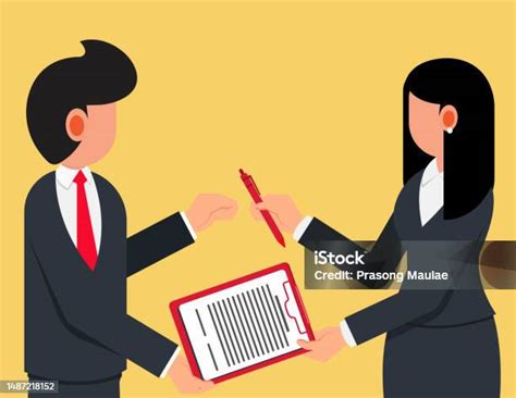 Joint Business Agreement Form Business Woman Passing Contract Document With Pen To His Client