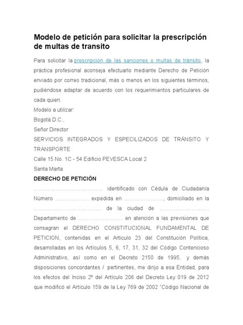 Modelo De Petición Para Solicitar La Prescripción De Multas De Transito