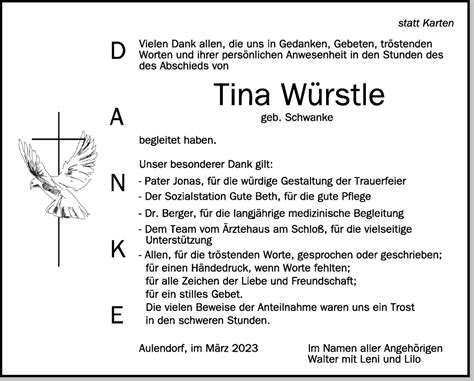 Traueranzeigen von Tina Würstle schwaebische de Trauerportal