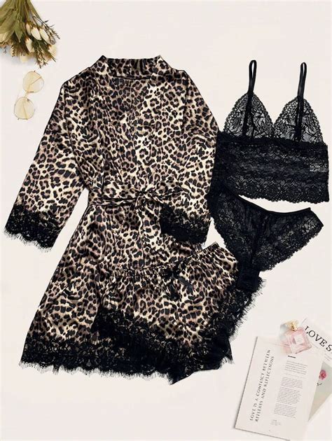 Leopard Lace Lingerie Set With Belted Robe Shein Usa