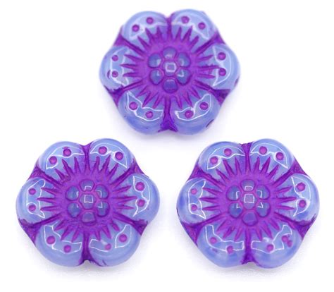 3pc 14mm Czech Pressed Glass Daisy Flower Bead Blue Opal Purple Wash