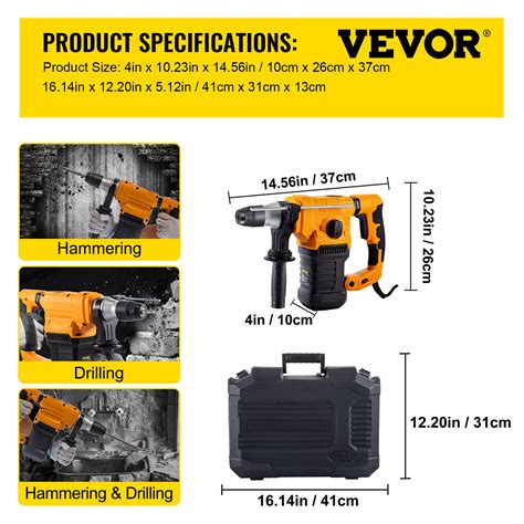 Vevor Rotary Hammer 1 26 Sds Plus Hammer Drill 4 Functions And 360 Degree Rotating Handle 13a