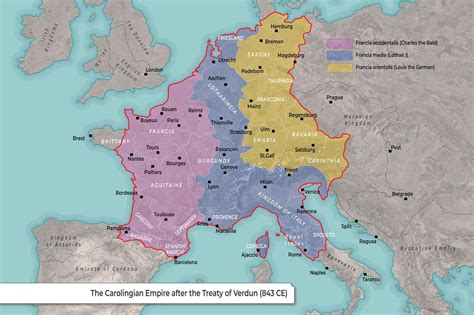 Map Of Carolingian Empire After The Treaty Of Verdun 843 Ce Free