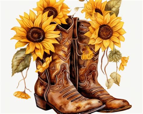 Watercolor Cowgirl Boots Sunflower Png Commercial Use Clip Art