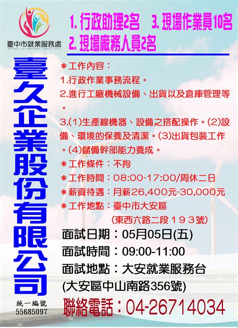 臺中市政府就業服務一鍵Catch管理平台 單一徵才 臺久企業股份有限公司