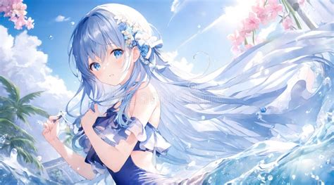 Anime Japanese Girl Big Blue Eyes On Sea Stock Illustration Illustration Of Japanese Paradise