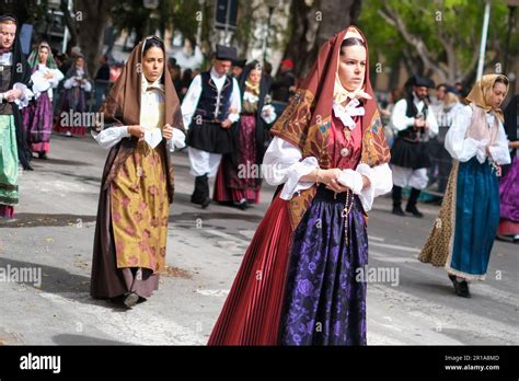 Sardinian Women Dressed In Folk Traditional Costumes With Unique