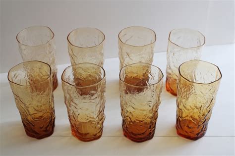 Mod Vintage Crinkle Glass Tumblers Seneca Driftwood Drinking Glasses Topaz Amber