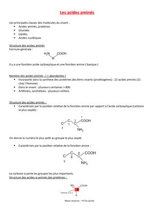 Biochimie acide aminés Les acides aminés Biochimie cours 2 I