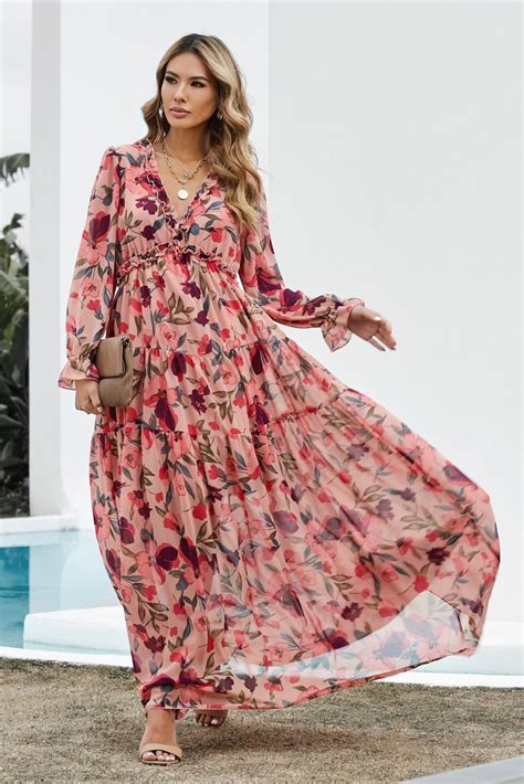 Floral Frill Trim Flounce Sleeve Plunge Maxi Dress Blue Zone Planet