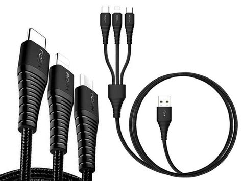 Rock Hi Tensile 3in1 3A Cable 1 2M USB C Lightning Micro Black