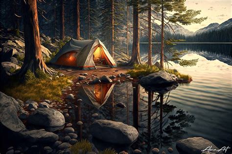 Camping Near to Lake in a Forest Graphic by Alone Art · Creative Fabrica