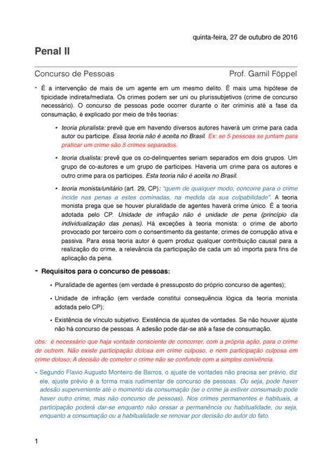 Concurso de Pessoas Anotações aula resumo doutrina e artigos de lei