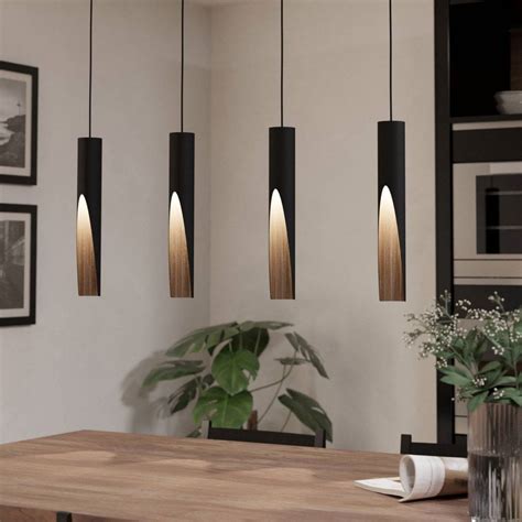 Eglo Barbotto Four Drop Linear Pendant In Black With Oak Effect Inner