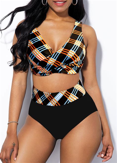 Plaid Criss Cross Black Bikini Top Rosewe USD 16 18