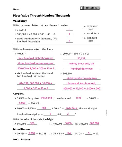 Place Value Through Hundred Thousands Worksheet With Answer Key