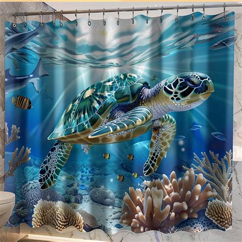 Ultra Realistic Blue And Green Sea Turtle Coral Reef Shower Curtain