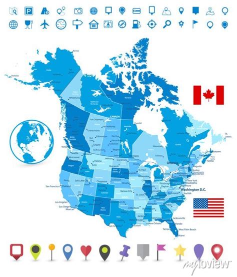 Usa And Canada Large Detailed Political Map In Colors Of Blue Posters