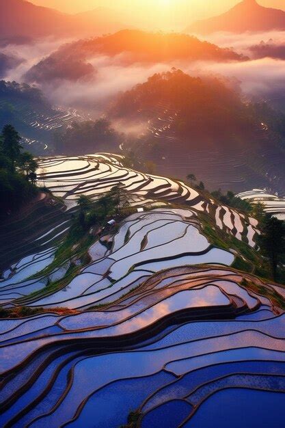 Premium AI Image | a mountain landscape with rice fields and mountains ...