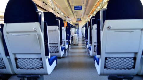 Intercity Bus Interior With Seat Mounted Interactive Touchscreen Stock