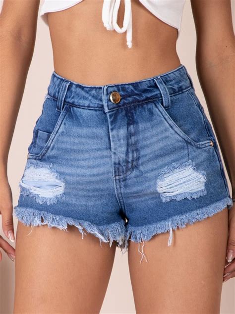 Short Jeans Feminino Curto Rasgado Bolso Quadrado Cintura Alta Shorts