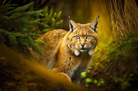 Premium Photo Large Yellow Wild Cat Called Bobcat Hunting In Forest